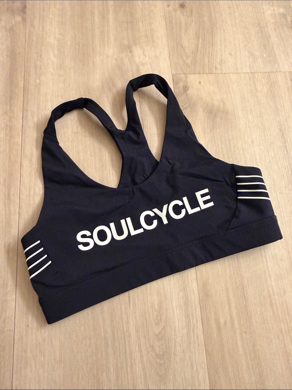 soulcycle Black Racerback Sports Bra with White Logo
